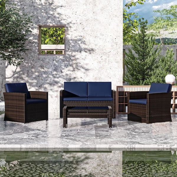Gardenbee 4-Piece Wicker Outdoor Patio Conversation Set with Blue Cushions and Coffee Table