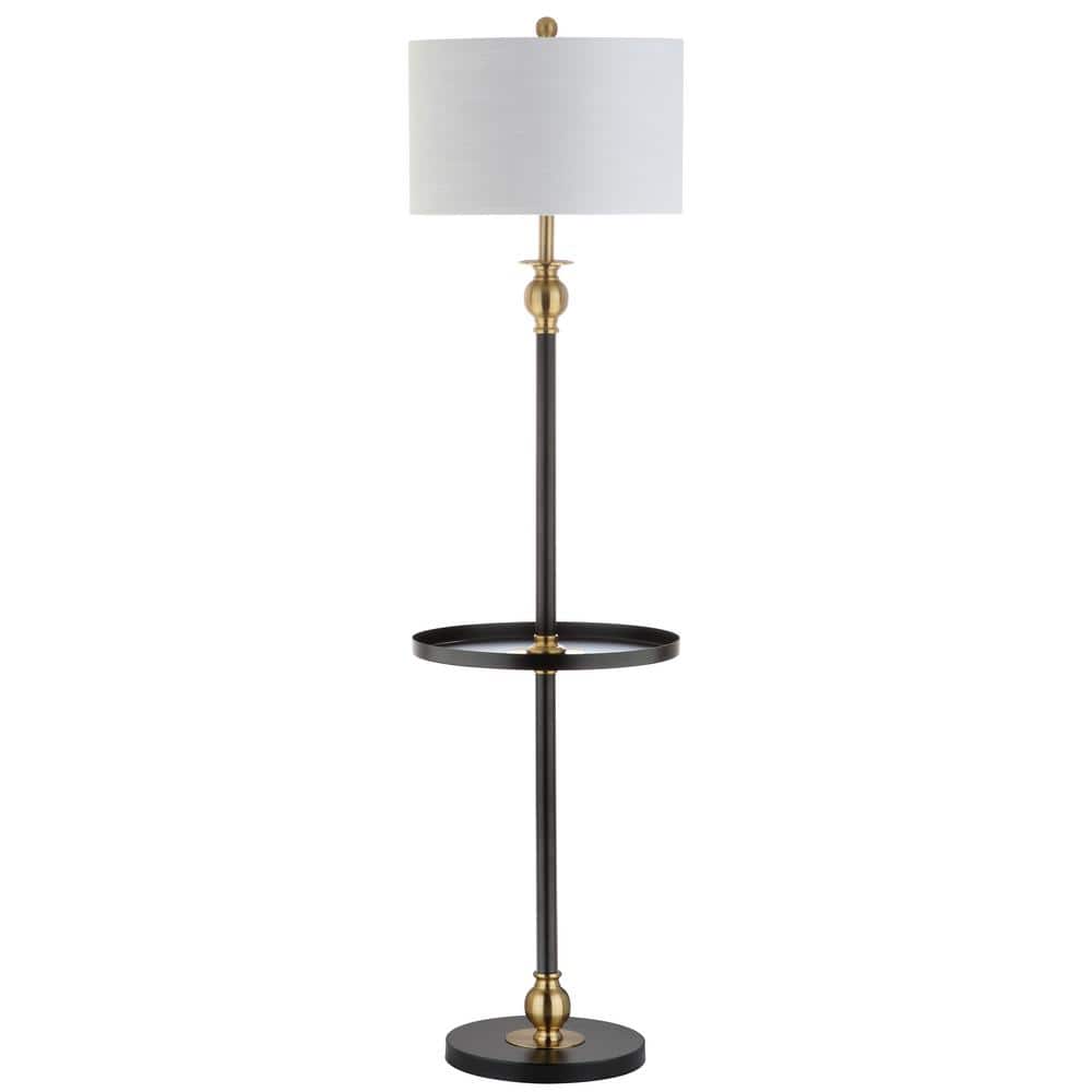 Elegant Arc 61" Black and Gold Metal End Table Floor Lamp with Linen Shade