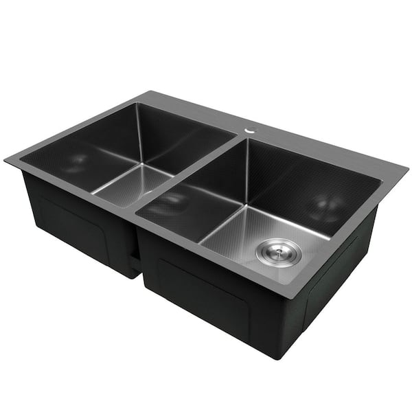 HEX 33 in. Drop-in Double Bowl Gunmetal Black Stainless Steel Kitchen Sink with Faucet