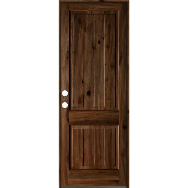 Krosswood Doors 42 in. x 96 in. Rustic Knotty Alder Square Top V-Grooved Provincial Stain Right-Hand Wood Single Prehung Front Door