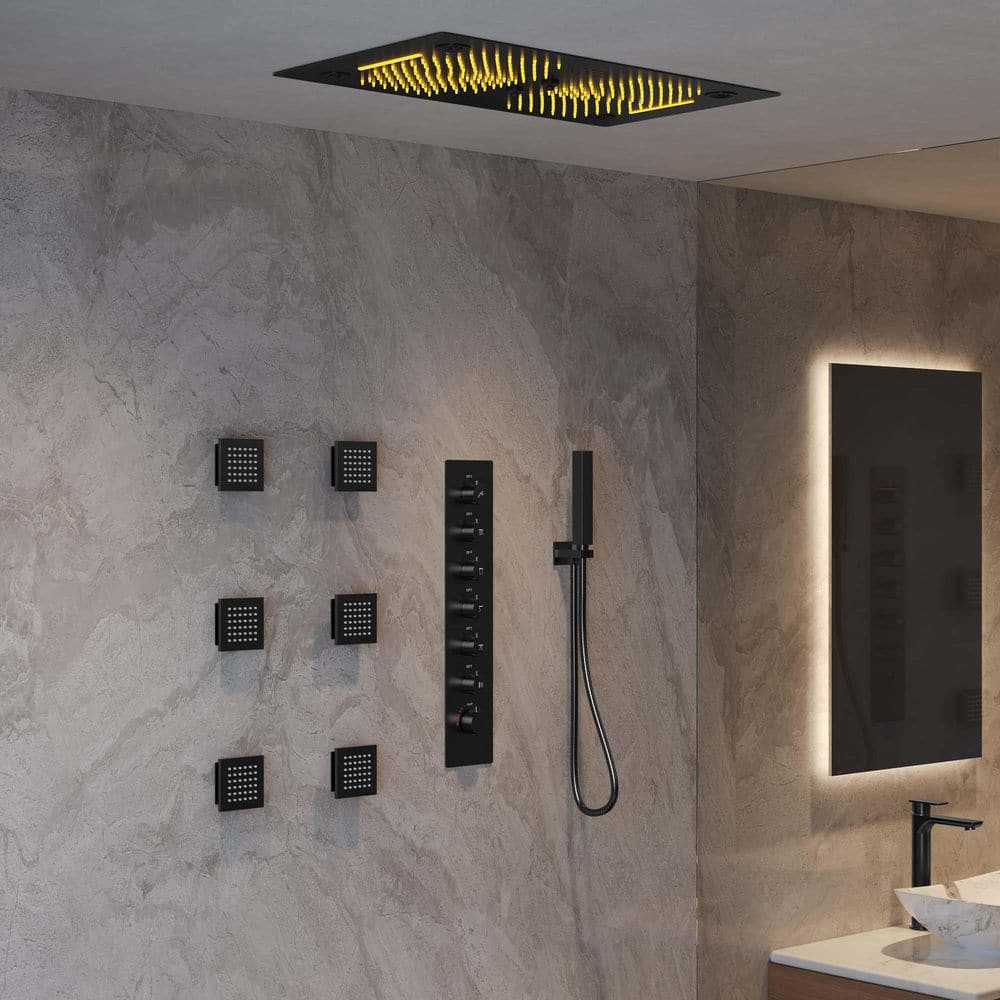 AuroraMist LED Shower System Kit 6-Spray Ceiling Mount 28 in. Fixed and Handheld Shower Head 2.5 GPM in Matte Black price history on PriceWatchPro