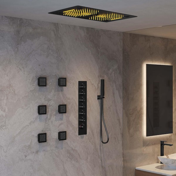 AuroraMist LED Shower System Kit 6-Spray Ceiling Mount 28 in. Fixed and Handheld Shower Head 2.5 GPM in Matte Black