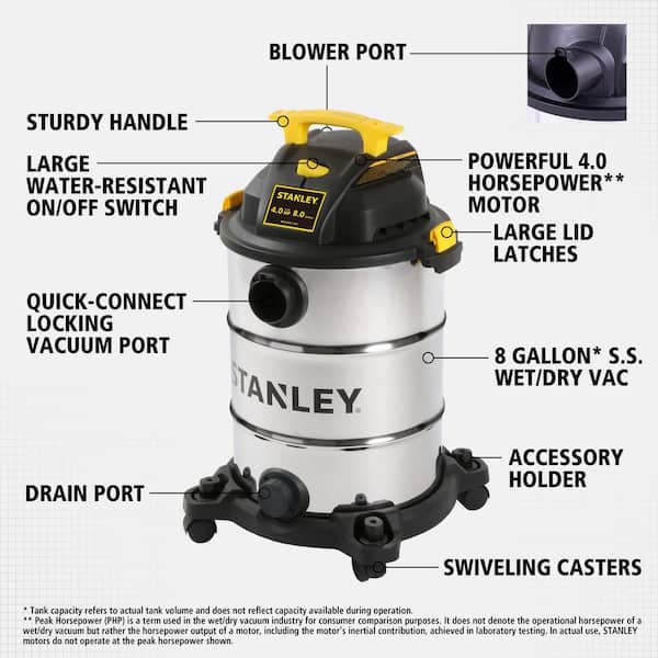 Stanley Wet/Dry Hanging Vacuum, 4.5 Gallon, 4 Horsepower, Stainless Steel  Tank
