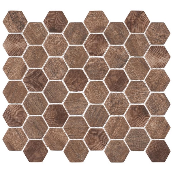 Terrain Cherri Brown 2-in. Hexagon Honeycomb Wood Look Matte Glass Wall and Floor Mosaic Tile (5 sq. ft./Case)