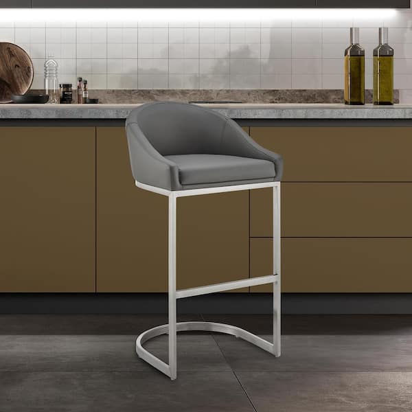 Armen Living Atherik 34-38 in. Grey/Brushed Stainless Steel Metal 28 in. Bar Stool with Faux Leather Seat