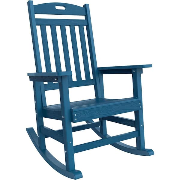 Mximu Navy Plastic Patio Outdoor Rocking Chair, Fire Pit Adirondack Rocker Chair with High Backrest