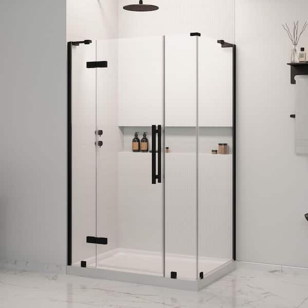Tampa 48 in. L x 36 in. W x 72.01 in. H Corner Shower Kit with Pivot Frameless Door in Black and Shower Pan