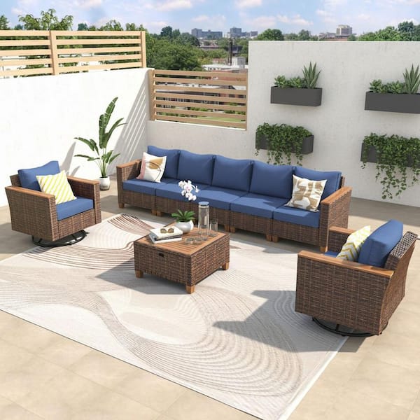 8-Piece Brown Wicker Outdoor Patio Conversation Sectional Sofa Set with Blue Thick Cushion and Acacia Storage Table