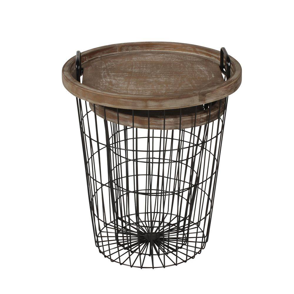 Rustic Brown and Black Round Wood & Metal Nesting End Tables, 2-Piece Set