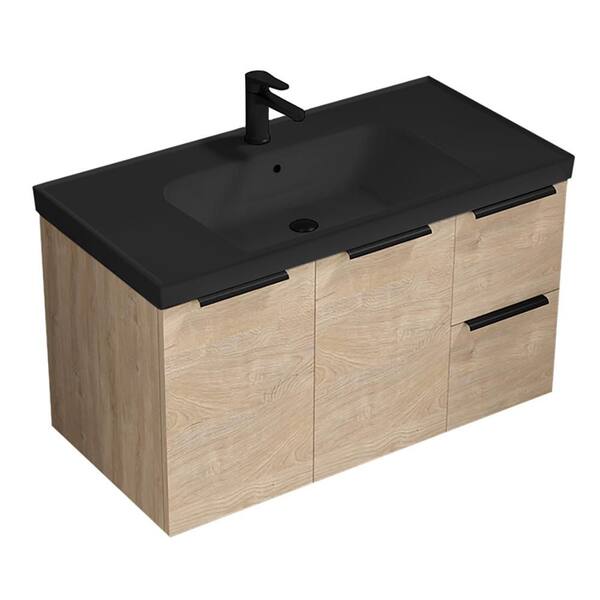 Frame 35.4 in. Modern Freestanding Bath vanity in Brown Oak with Matte Black Ceramic Top