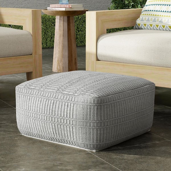 Safford 20 in. Wide Woven Fabric Indoor/Outdoor Square Pouf in Grey/White