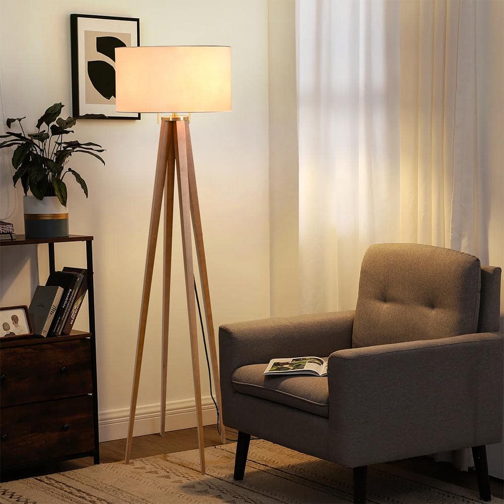 Natural Ash and Weathered Brass Floor Lamp with White Linen Shade