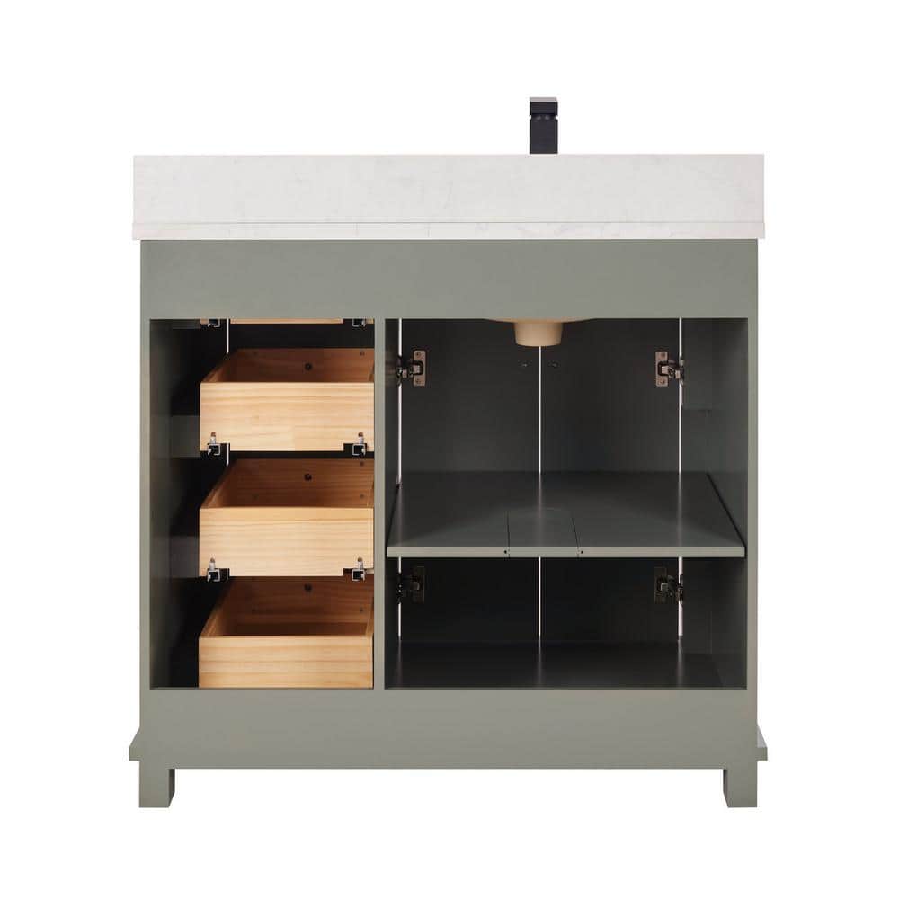 36" Pewter Green Solid Wood Freestanding Sink Vanity with Artificial Stone Top