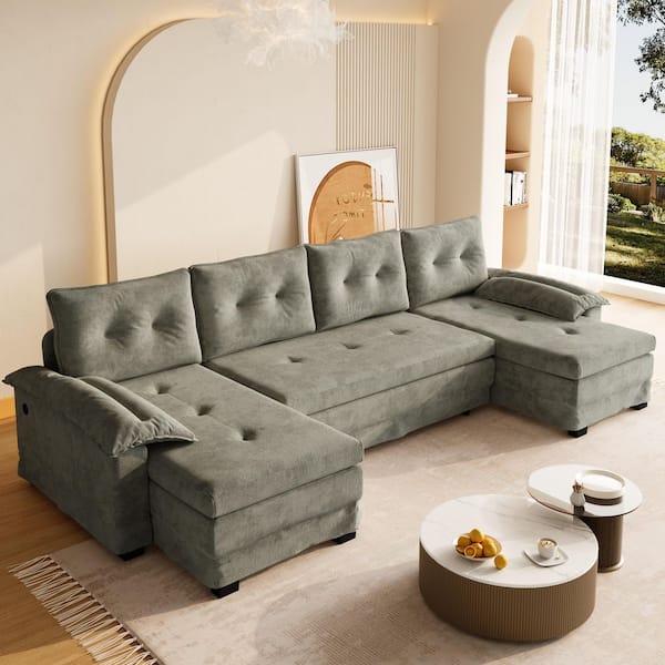 Simona 109.5 in. Pillow Top Arms Chenille U-Shaped Sectional Sofa in Light Grey with Pull Out Bed, USB Ports