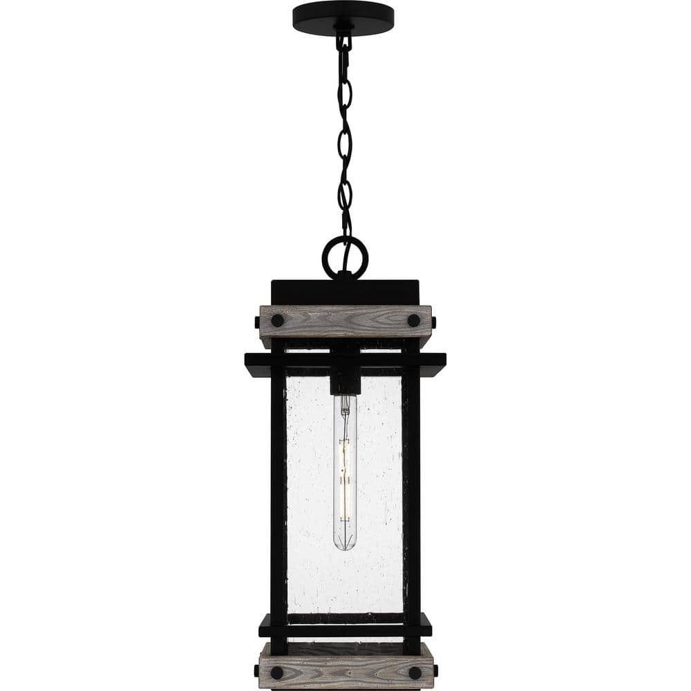 Matte Black Glass and Wood Outdoor Hanging Lantern