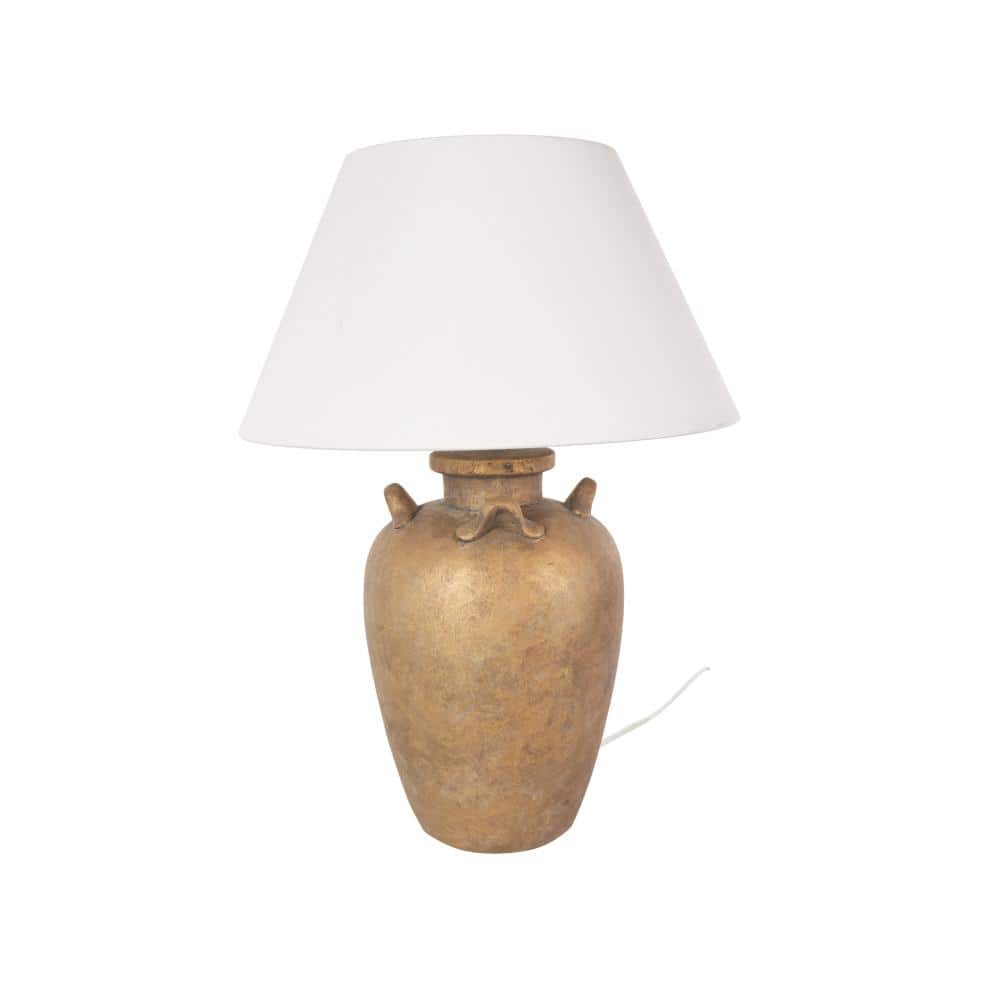 28 in. Brown Ceramic Tall Distressed Antique Style Pot Vase Task and Reading Table Lamp with Cream Linen Shade -  Litton Lane, 046884