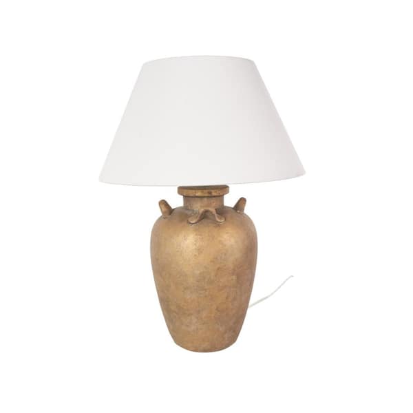 Litton Lane 28 in. Brown Ceramic Tall Distressed Antique Style Pot Vase Task and Reading Table Lamp with Cream Linen Shade