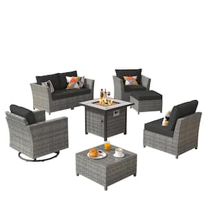 Bexley Gray 8-Piece Wicker Fire Pit Patio Conversation Seating Set with Black Cushions and Swivel Chairs