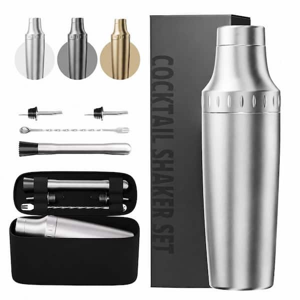 Silver 6-Piece Stainless Steel Hybrid Cocktail Shaker Set with Jigger Lid and Storage Bag
