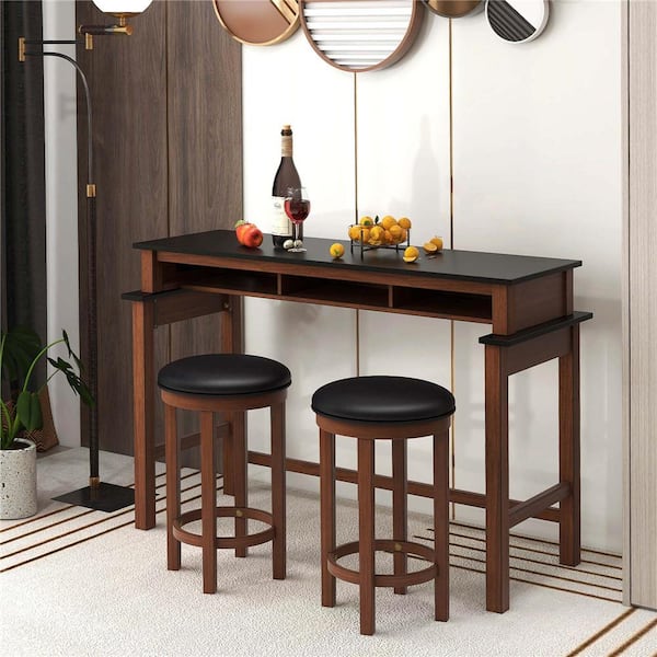25 in. Black and Walnut Backless Wood Bar Stools with Polyester Seat Set of 2