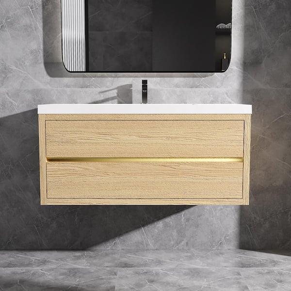 Opvande 48 in. Wall-Mounted Floating Bath Vanity in Natural Oak with Single Solid Surface Sink Top in White