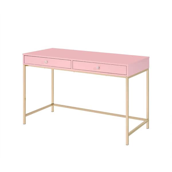 Acme Furniture Ottey 20 in. Rectangular Pink High Gloss and Gold Finish Metal 2-Drawer Writing Desks