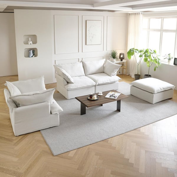 41 in. Flared Arm Linen Accent Single Sofa Chair Overstuffed Modular Cloud Couch in White with Washable Cover (Set of 1)