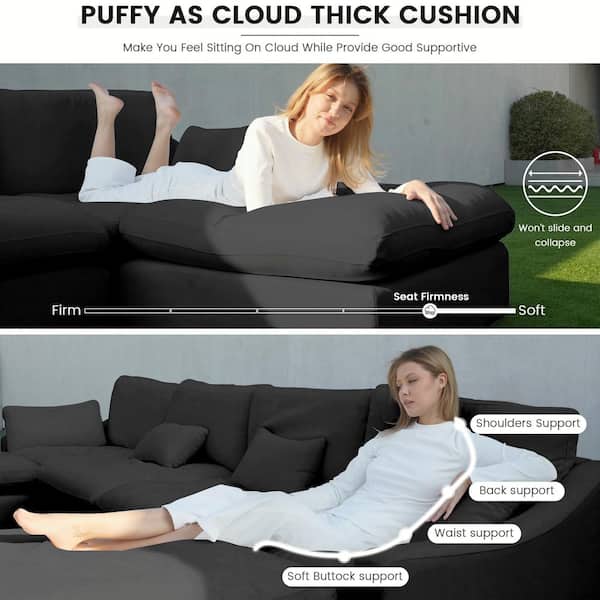 Modular 119 in. Flared Arm 4-Piece L-shaped Linen Cloud Couch Convertible Sectional Sofa in Black with Ottoman