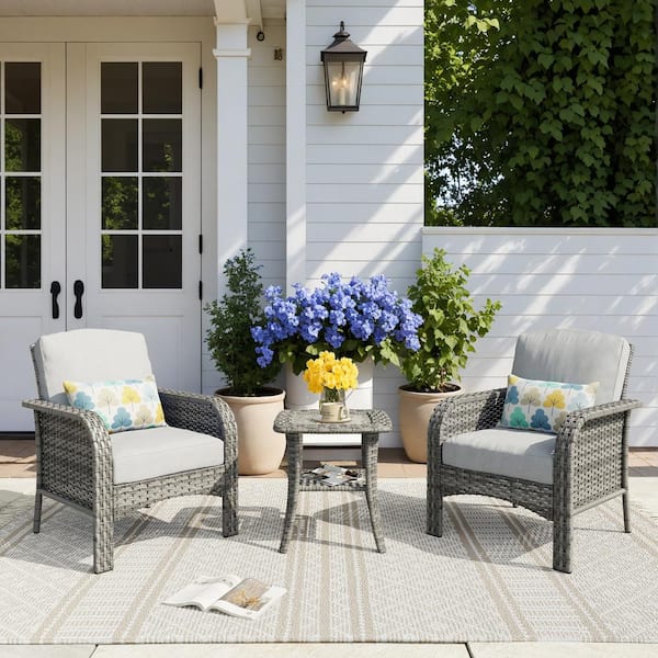 Missisi Gray 3-Piece Wicker Patio Conversation Seating Set with Gray Cushions