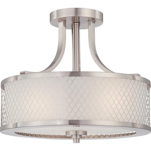 Fusion 13.75 in. 3-Light Brushed Nickel Contemporary Semi-Flush Mount with Frosted Glass Shade and No Bulbs Included