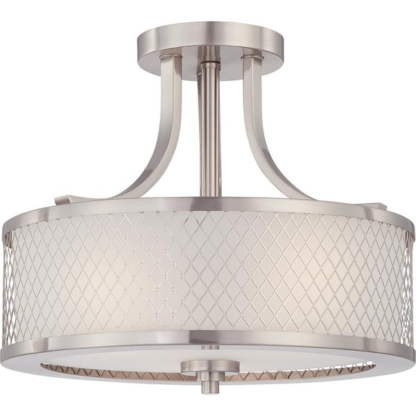 SATCO Fusion 13.75 in. 3-Light Brushed Nickel Contemporary Semi-Flush Mount with Frosted Glass Shade and No Bulbs Included