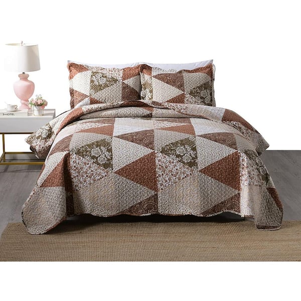 MarCielo B74 Printed 3-Piece Brown/Multi Floral Polyester Queen Size Lightweight Quilt Set