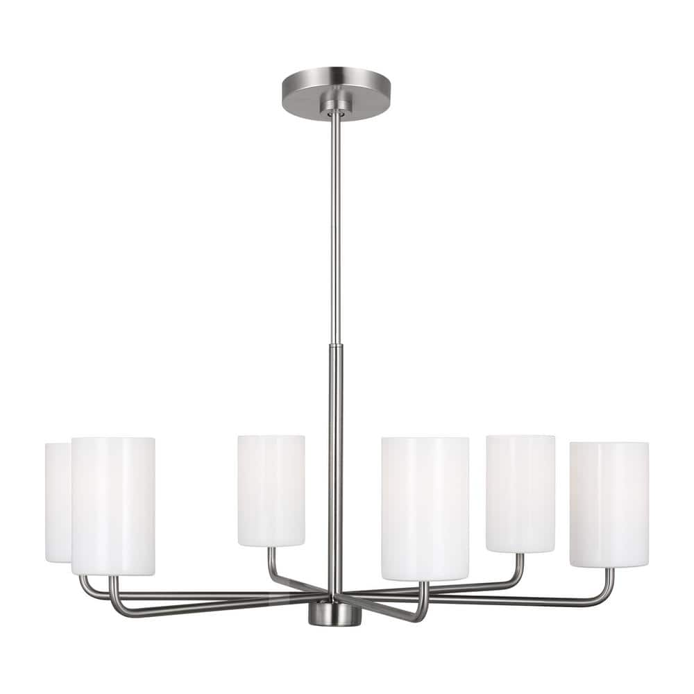 Rhett 6-Light Brushed Steel Large Chandelier with Clear/White Glass Shades, No Bulbs Included -  Generation Lighting, GLC1026BS