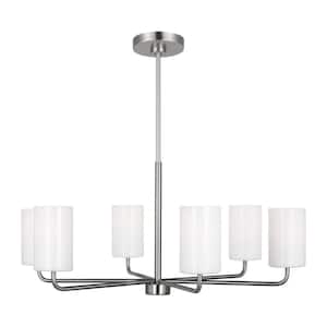 Rhett 6-Light Brushed Steel Large Chandelier with Clear/White Glass Shades, No Bulbs Included
