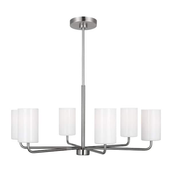 Generation Lighting Rhett 6-Light Brushed Steel Large Chandelier with Clear/White Glass Shades, No Bulbs Included