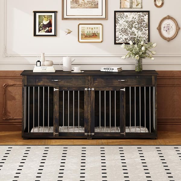 Walnut Brown Wooden Accent Storage Cabinet with 2-Drawer, Dog Crates Cage Furniture for Large Dog