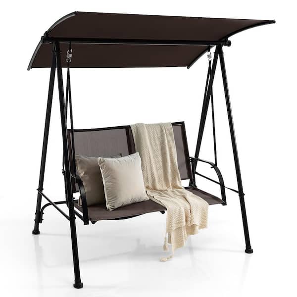 Costway 2-Seat Metal Patio Swing Porch Swing with Adjustable Canopy for Garden Dark Brown