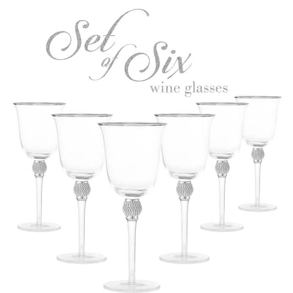 Unbranded (Set of 6)  Luxurious Rose and White 18 oz. Wine Glass with Dazzling Rhinestone Design and Silver tone Rim