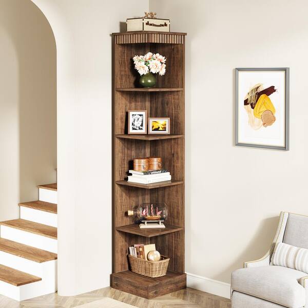 TRIBESIGNS WAY TO ORIGIN Jannelly 71 in. Tall Rustic Brown Engineered Wood 5 Shelf Corner Bookcase Bookshelf Narrow Shelf Rack for Small Space