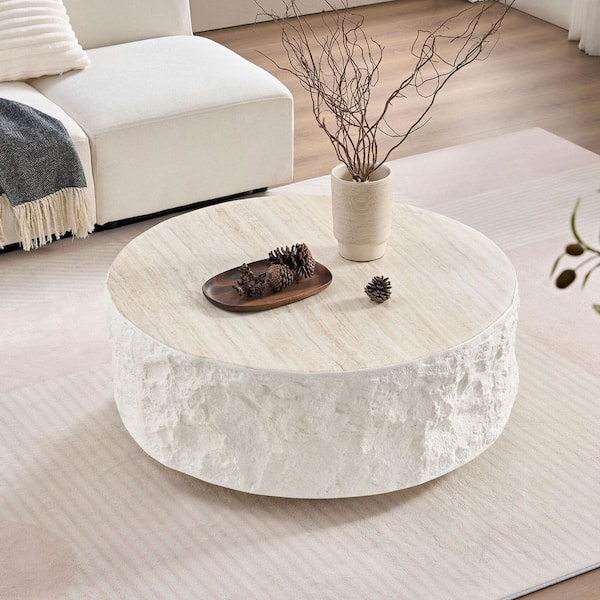 Jaidev 35.43 in. Beige Round Shape Fiberglass Top Coffee Table, Imitation Stone Table front of the Sofa