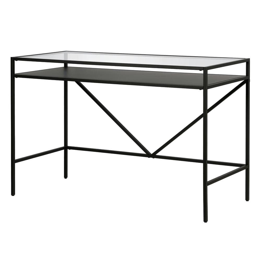 Sleek Blackened Bronze Desk with Tempered Glass Top and Metal Shelf
