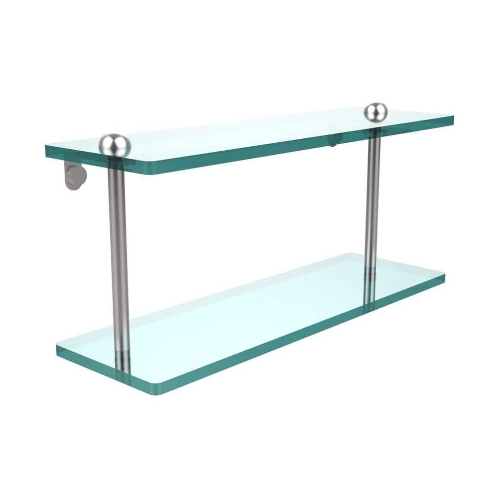 Allied Brass 16 in. L x 8 in. H x 5 in. W 2-Tier Clear Glass Bathroom Shelf in Satin Chrome