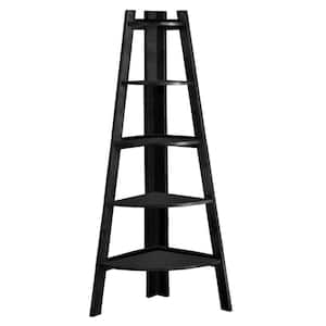 63.25 in. Black Wood 5-shelf Ladder Bookcase with Open Back