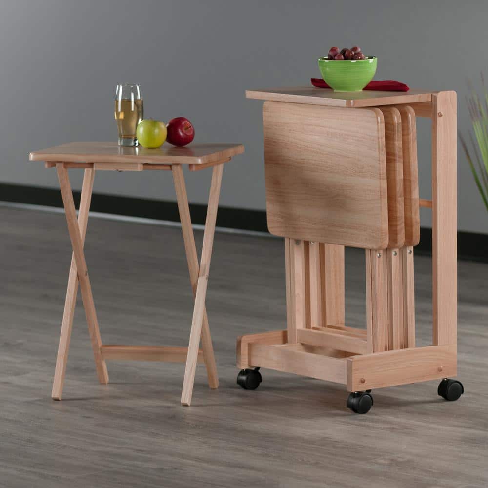 Natural Wood 5-Piece Snack Table Set with Serving Cart