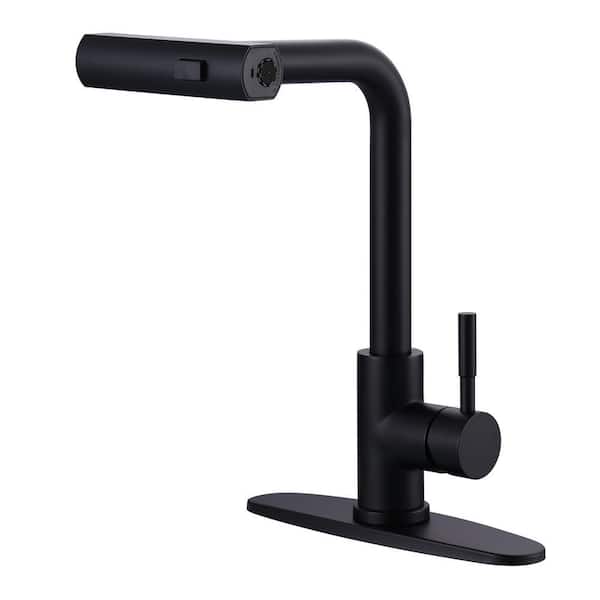 Stainless Steel 13.5 in. H Single Handle 360° Swivel Pull Out Sprayer Kitchen Faucet w/3-Spray Modes in Matte Black