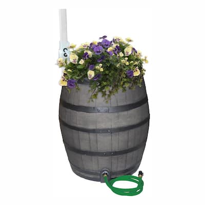 50 Gal. Gray Flat Back Whiskey Rain Barrel with Integrated Planter and Diverter System with Black Accent Bands