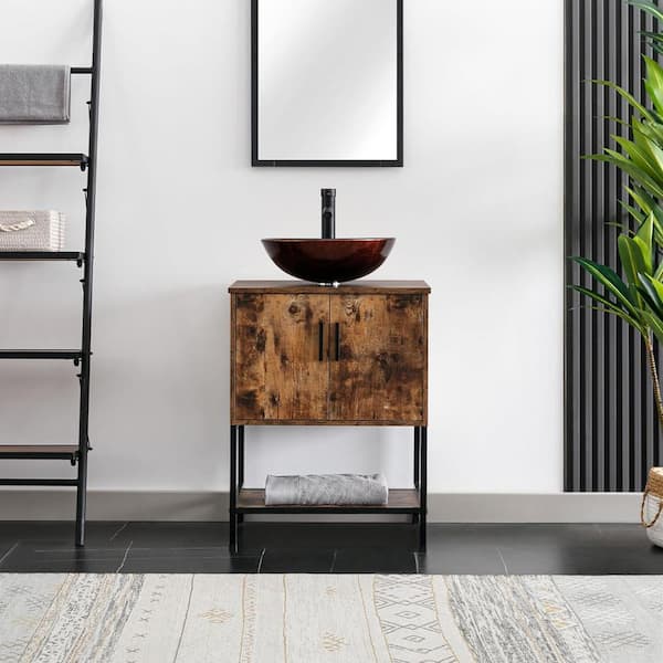 eclife 24 in. W x 20 in. D x 31.5 in. H Bath Vanity in Brown with Brown Vessel Sink Top ORB Faucet