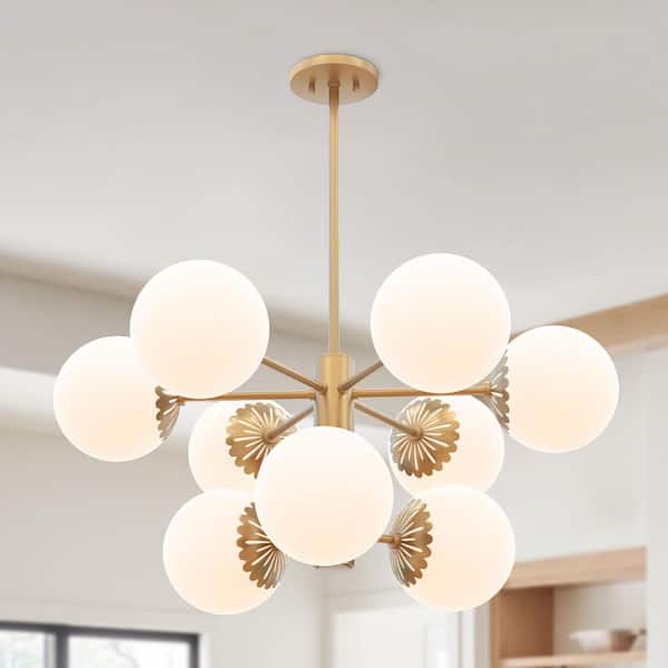 33 in. 9-Light Glass Bubble Mid Century Modern Gold Chandelier Lighting for Dining Room Kitchen Living Room