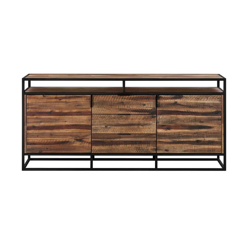Ludgate Minimalist Acacia Wood & Black Metal 3-Drawer Sideboard Buffet