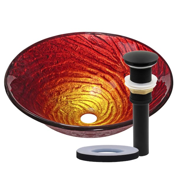 Novatto Misto Artisan Hand-Painted 16 in. Tempered Glass Round Vessel Bathroom Sink in Multi-Colored with Drain in Matte Black